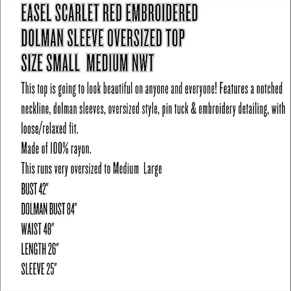 EASEL Scarlet Red Color Embroidery Dolman Sleeve Oversize Top Small Medium NWT - Picture 7 of 7